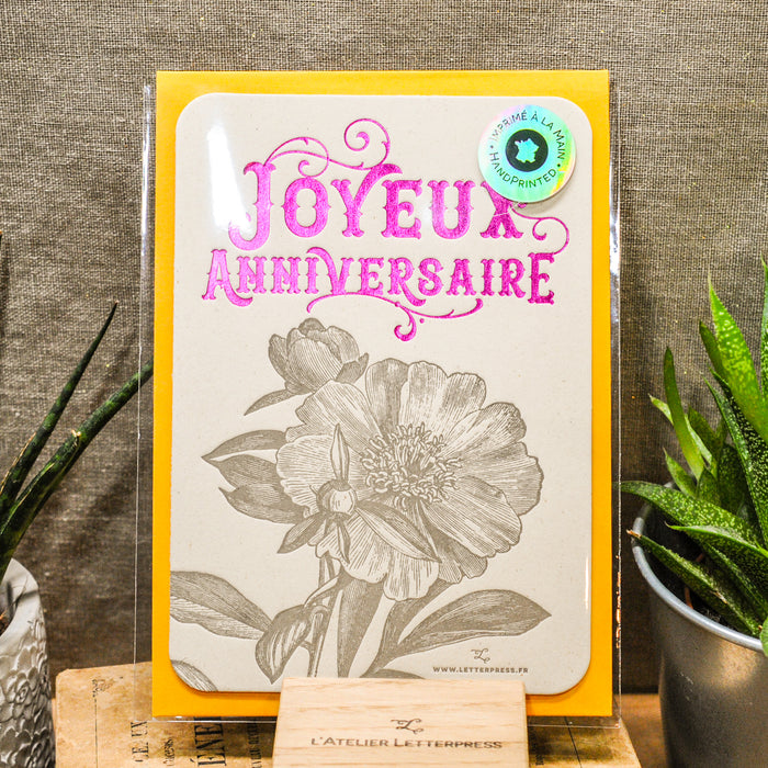 Carte Letterpress Camélia Joyeux Anniversaire, rose (avec enveloppe)