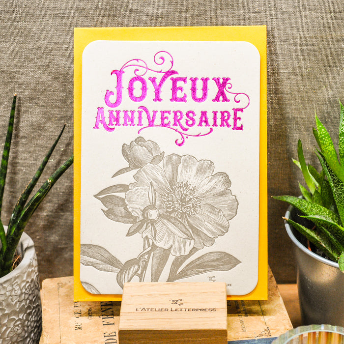 Carte Letterpress Camélia Joyeux Anniversaire, rose (avec enveloppe)