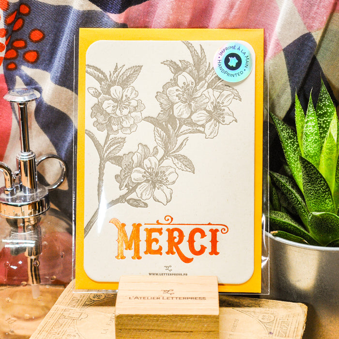 Carte Letterpress Fleur de Pommier Merci Orange (avec enveloppe)