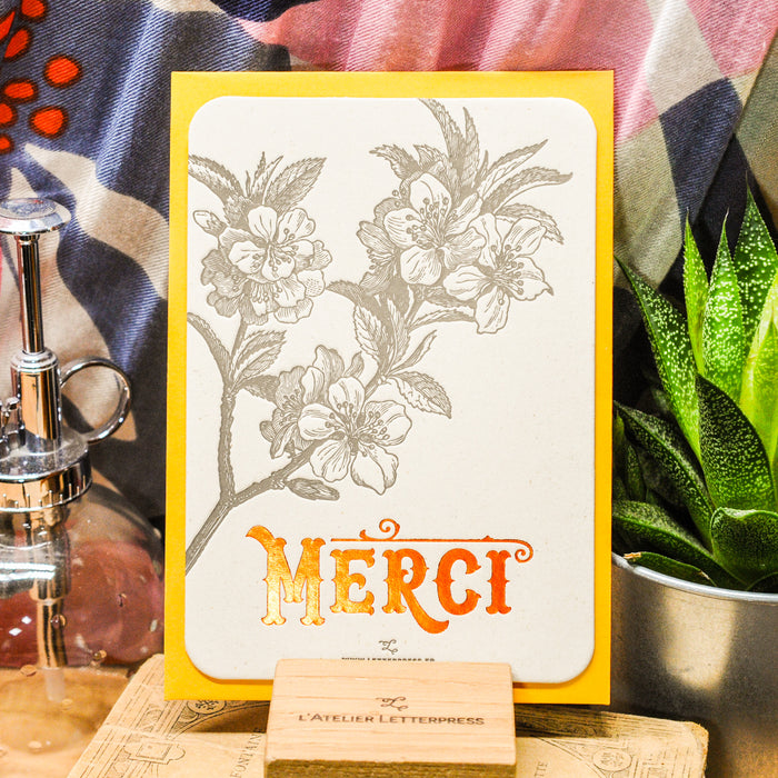 Carte Letterpress Fleur de Pommier Merci Orange (avec enveloppe)