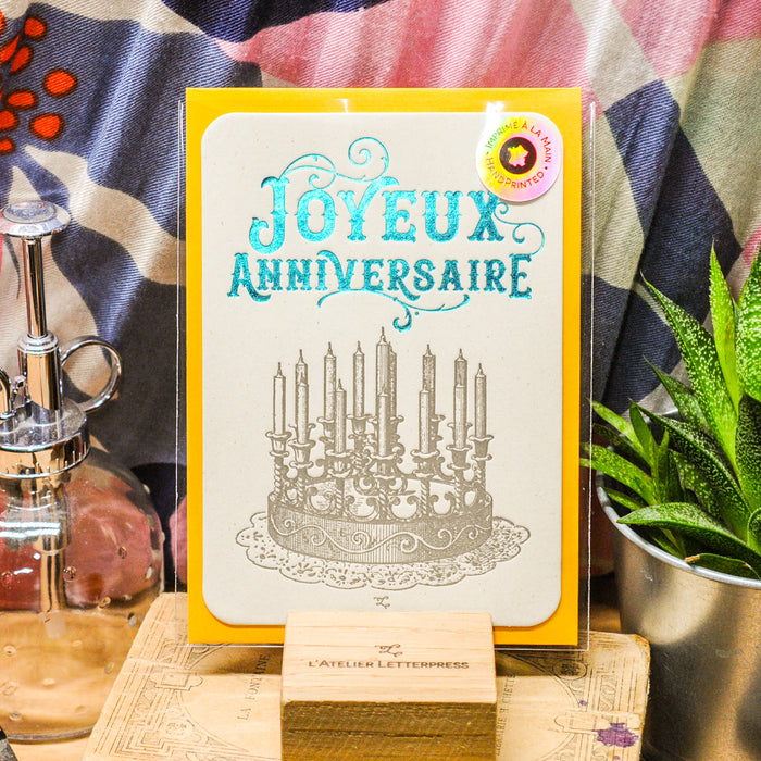 Carte Letterpress Gâteau Joyeux Anniversaire, turquoise (avec enveloppe)