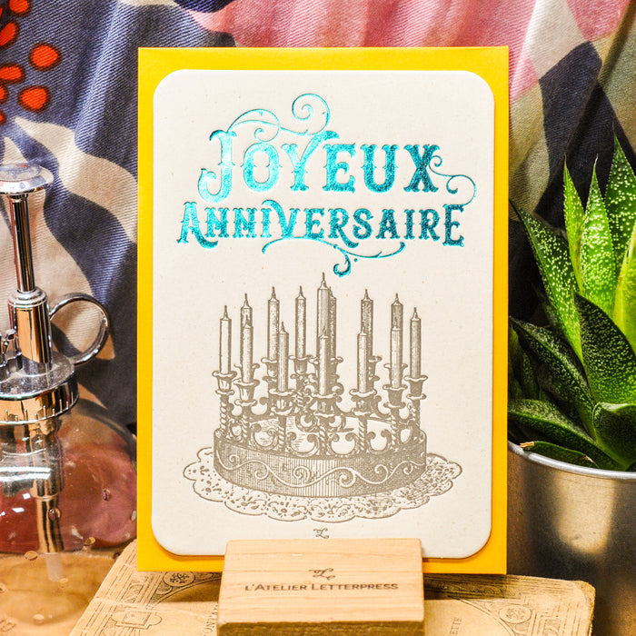 Carte Letterpress Gâteau Joyeux Anniversaire, turquoise (avec enveloppe)