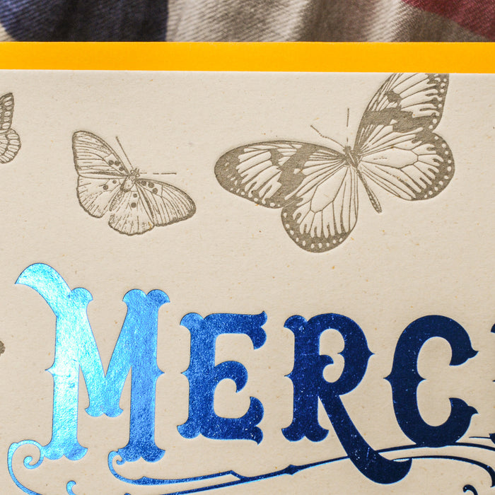 Carte Letterpress Papillons Merci, bleu (avec enveloppe)