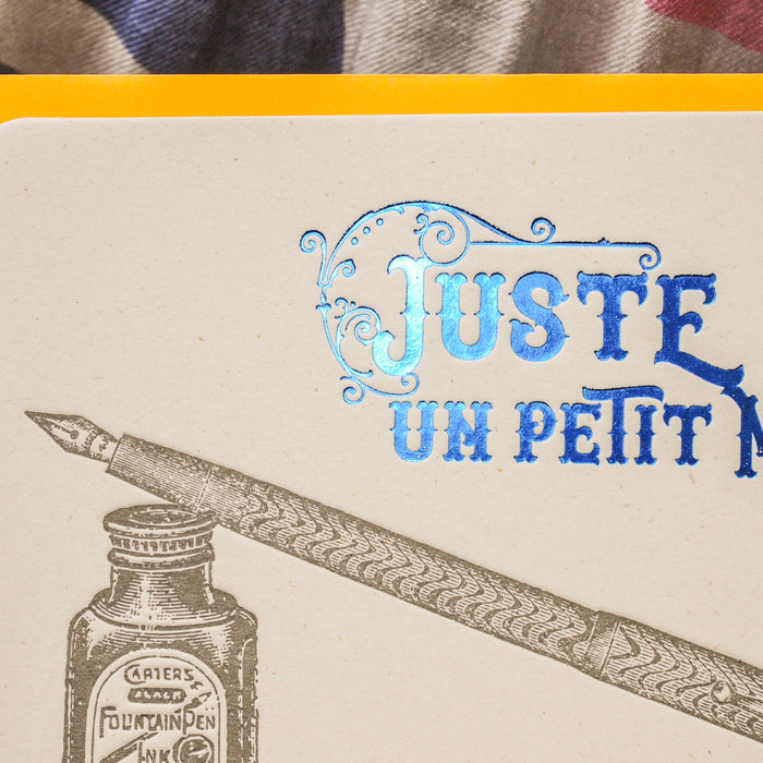 Carte Letterpress Stylo Juste un petit Mot, bleu (avec enveloppe)