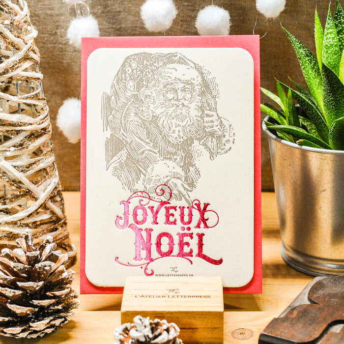 Letterpress Greeting Card Joyeux Noël Santa Claus, red (with envelope)