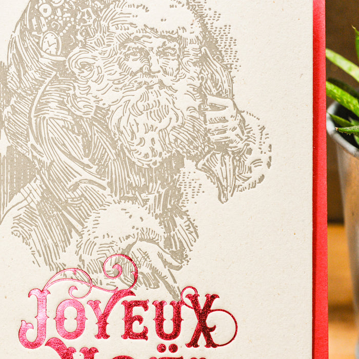 Letterpress Greeting Card Joyeux Noël Santa Claus, red (with envelope)