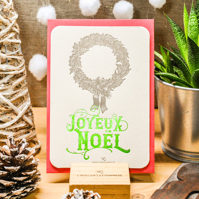 Letterpress Greeting Card Joyeux Noël Wreath, green (with envelope)