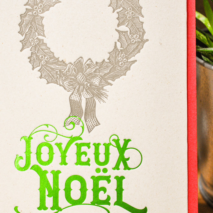 Letterpress Greeting Card Joyeux Noël Wreath, green (with envelope)