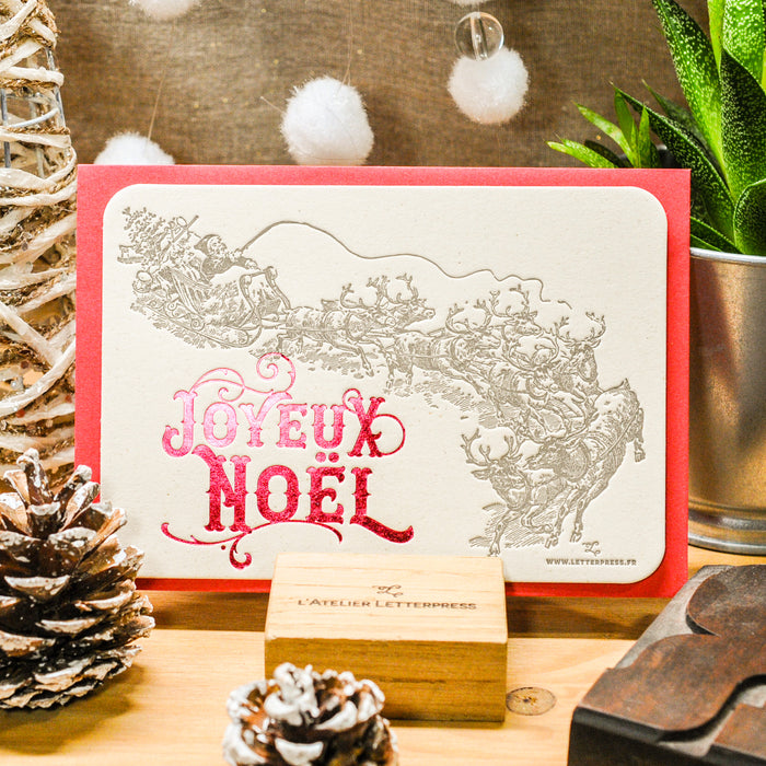 Carte de voeux Letterpress Joyeux Noël Traineau, rouge (avec enveloppe)