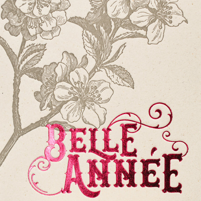 Carte de voeux Letterpress Belle Année Fleur de Pommier, rouge (avec enveloppe)