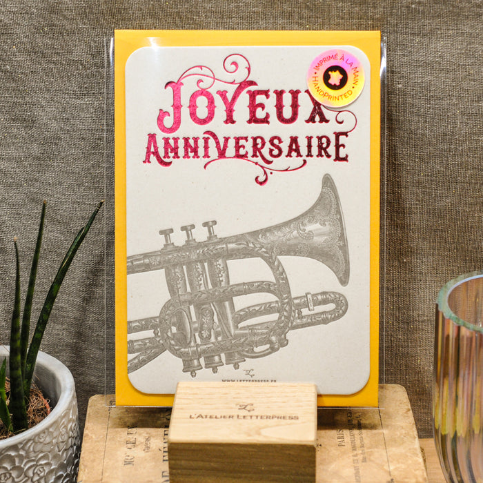 Letterpress Greeting Card Happy Birthday Trumpet, red (with envelope)