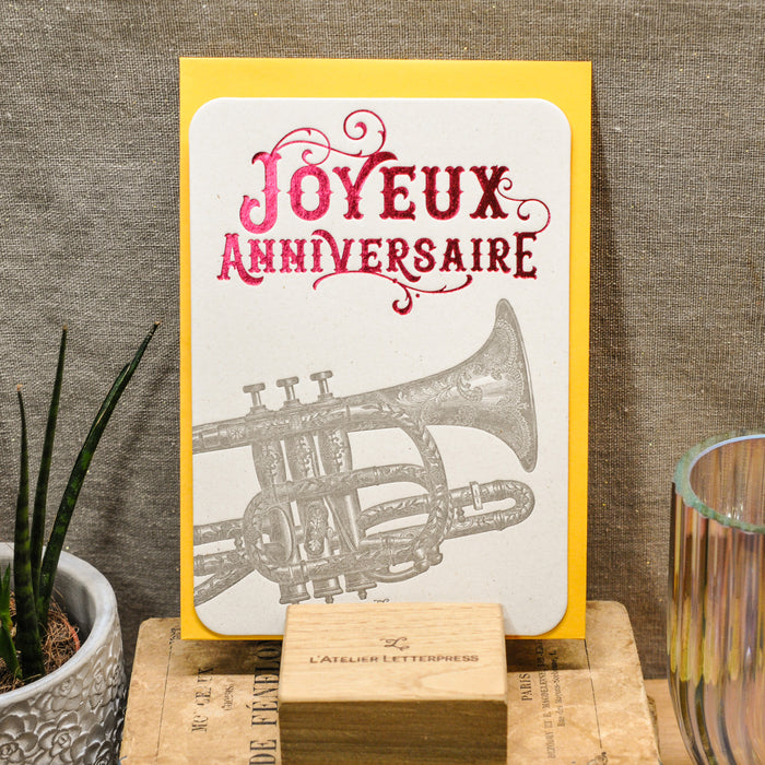 Letterpress Greeting Card Happy Birthday Trumpet, red (with envelope)