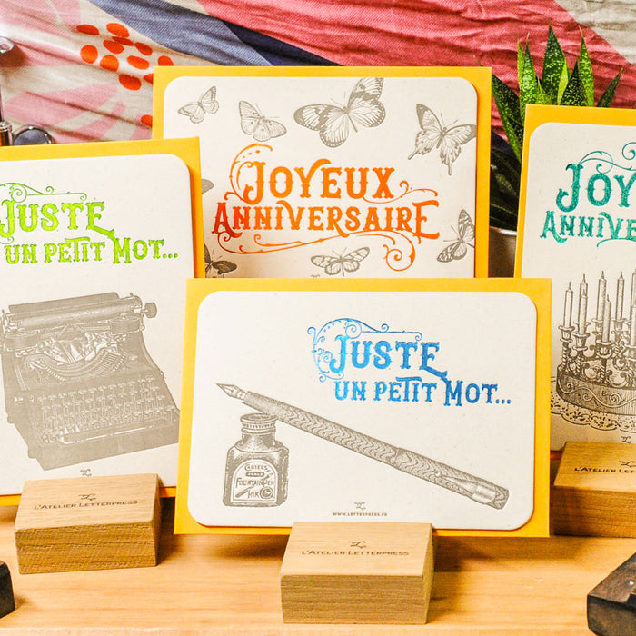 Carte Letterpress Papillons Joyeux Anniversaire, orange (avec enveloppe)